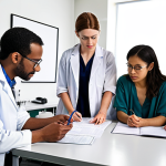 **A diverse group of people signing informed consent forms before participating in a psychology experiment, emphasizing trust and ethical research practices. The setting is a bright and welcoming laboratory with researchers present, subtly highlighting confidentiality and participant rights.**