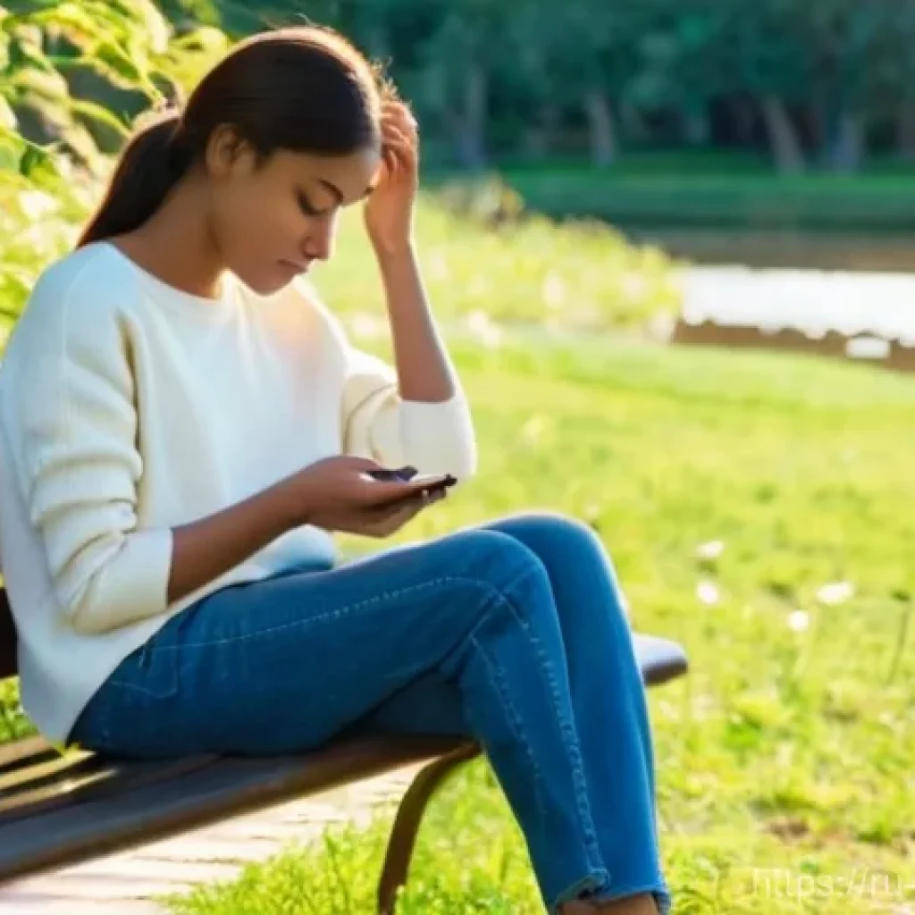 심리학 박사 논문 - **Digital Detox in Nature:** A young woman, appearing to be in her mid-20s, with a serene expression...