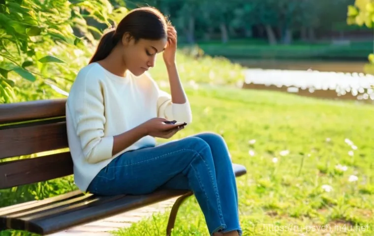 심리학 박사 논문 - **Digital Detox in Nature:** A young woman, appearing to be in her mid-20s, with a serene expression...