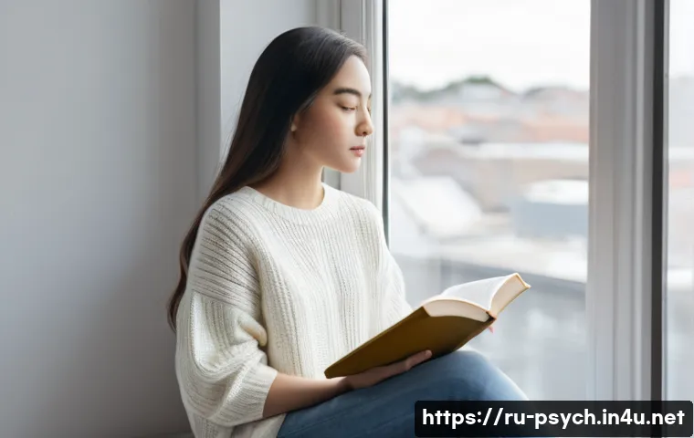 심리학 과정 이수 - **Prompt: "A serene and thoughtful young woman, aged 20s-30s, sitting comfortably by a large window ...