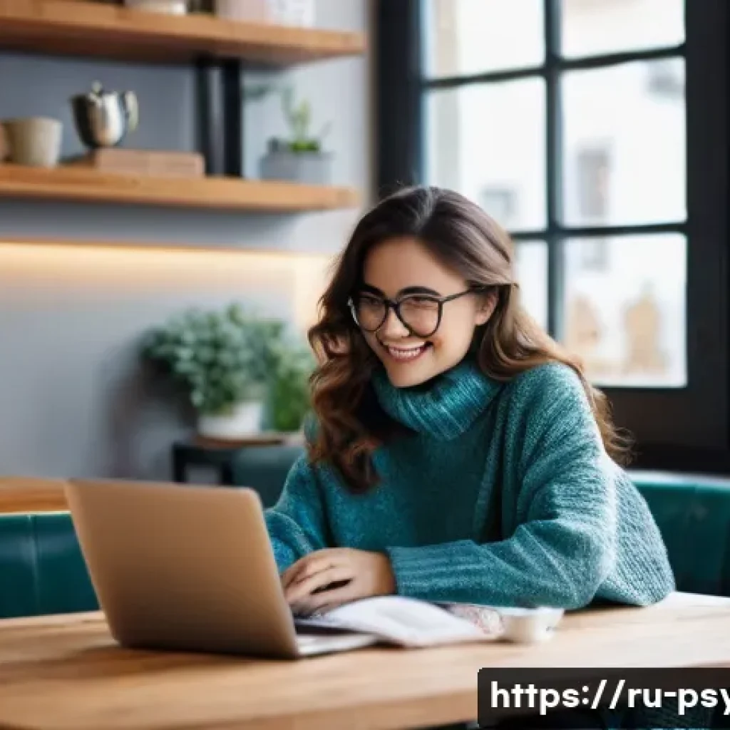 심리학 필수과목 - **Prompt:** A young woman in her late 20s is sitting at a cozy cafe table, laptop open, with a cup o...