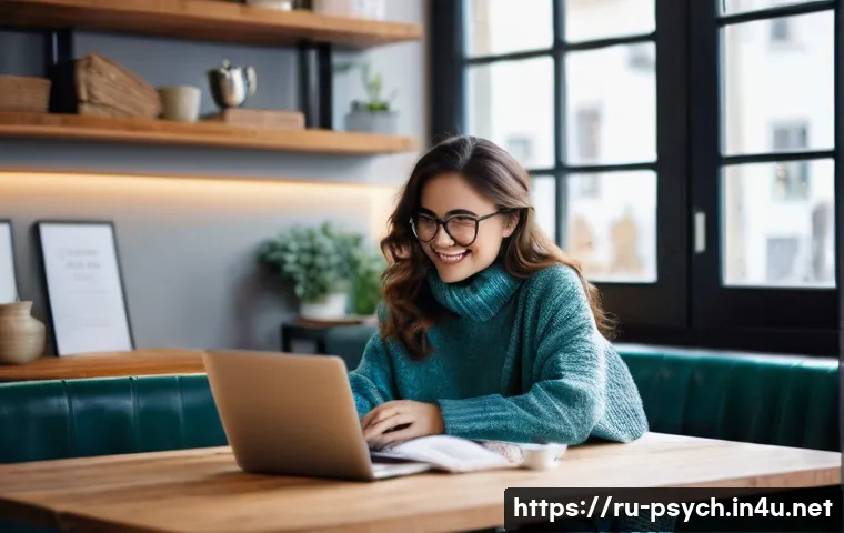 심리학 필수과목 - **Prompt:** A young woman in her late 20s is sitting at a cozy cafe table, laptop open, with a cup o...