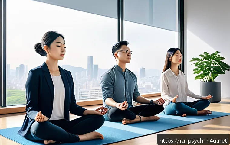 심리학의 트렌드 변화 - A detailed, modern digital illustration of a diverse group of adults engaged in a mindfulness medita...
