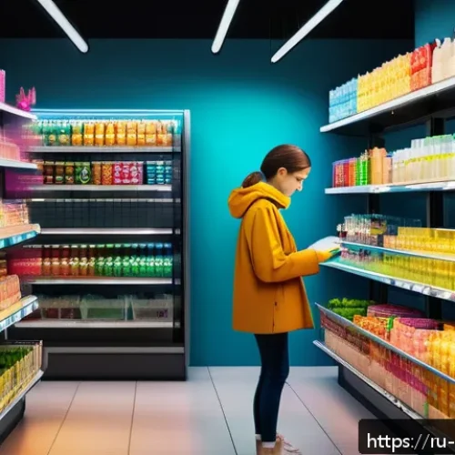 Home 31 심리학 연구 성과 - A modern grocery store interior scene focusing on a young adult carefully choosing products by packa...