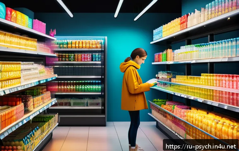 심리학 연구 성과 - A modern grocery store interior scene focusing on a young adult carefully choosing products by packa...