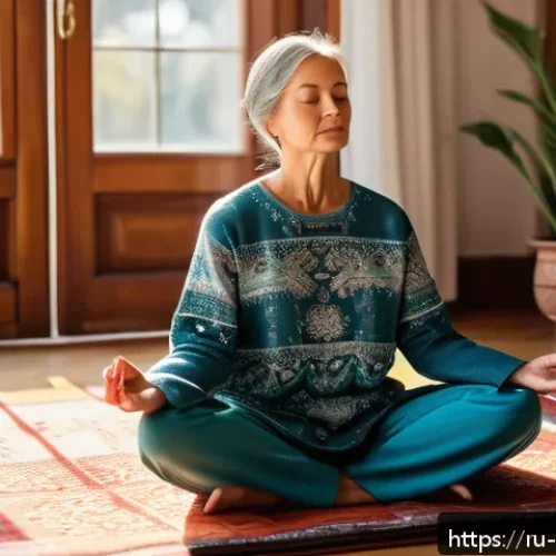 Home 30 심리학 신경과학적 접근 - A serene scene of a middle-aged Russian woman practicing mindfulness meditation in a cozy, sunlit li...