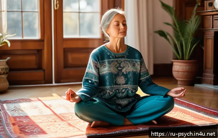 심리학 신경과학적 접근 - A serene scene of a middle-aged Russian woman practicing mindfulness meditation in a cozy, sunlit li...