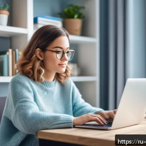 Home 17 심리학 졸업 논문 - A modern young adult woman sitting comfortably at a desk in a cozy, well-lit home office, using a la...