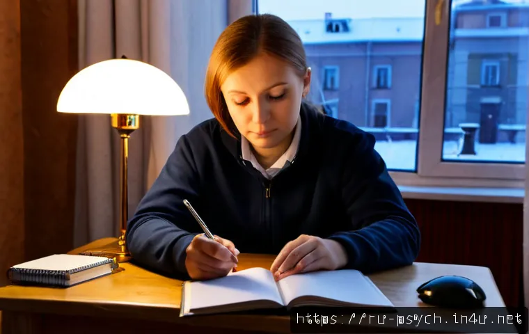 Home 17 심리학 학위 취득 - Photorealistic mature Russian student in a cozy Moscow apartment, studying psychology with open note...